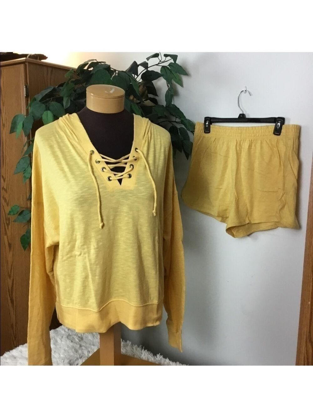 SO Yellow XL lace up hoodie and high rise dolphin shorts both NWT